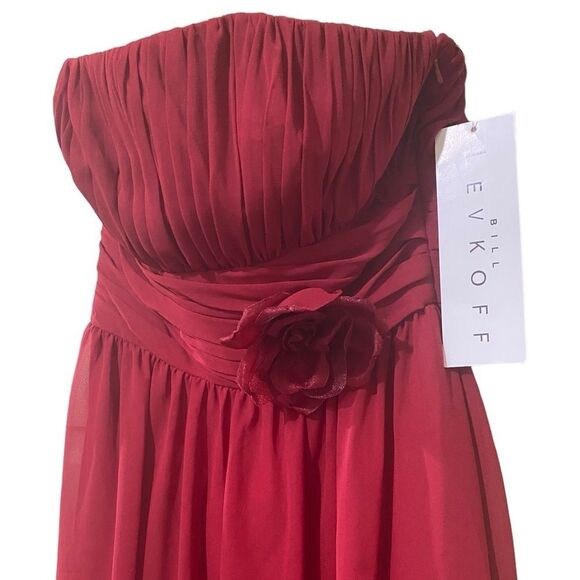 Bill Levkoff Style 633 Cranberry Red Chiffon Pleated  Bodice Flowing Maxi Gown - Picture 6 of 16